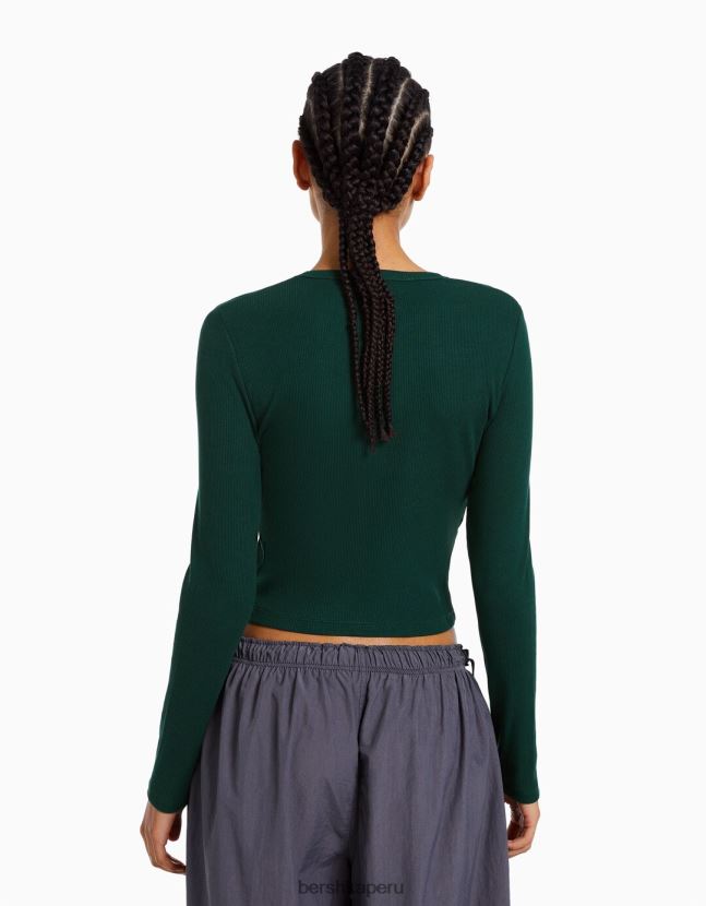 verde Bershka mujer camiseta de manga larga de canalé 806J6B437