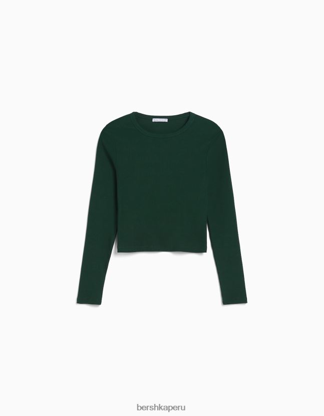 verde Bershka mujer camiseta de manga larga de canalé 806J6B437