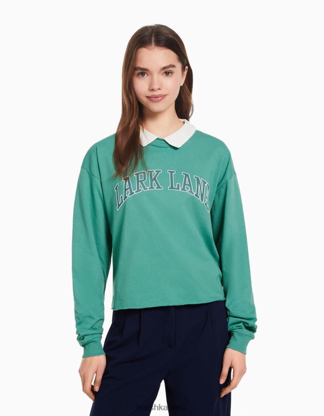 verde Bershka mujer camiseta estampada de manga larga con cuello de polo 806J6B621