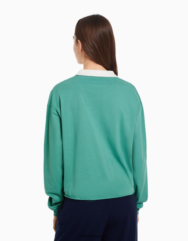 verde Bershka mujer camiseta estampada de manga larga con cuello de polo 806J6B621
