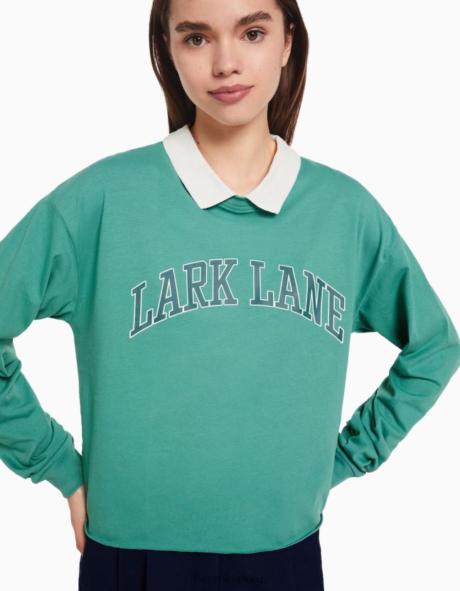 verde Bershka mujer camiseta estampada de manga larga con cuello de polo 806J6B621