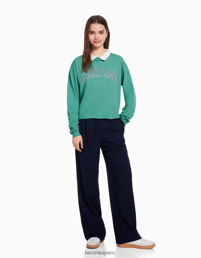 verde Bershka mujer camiseta estampada de manga larga con cuello de polo 806J6B621