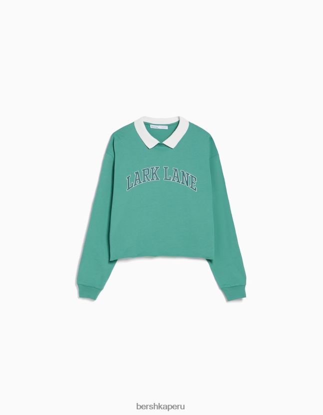 verde Bershka mujer camiseta estampada de manga larga con cuello de polo 806J6B621
