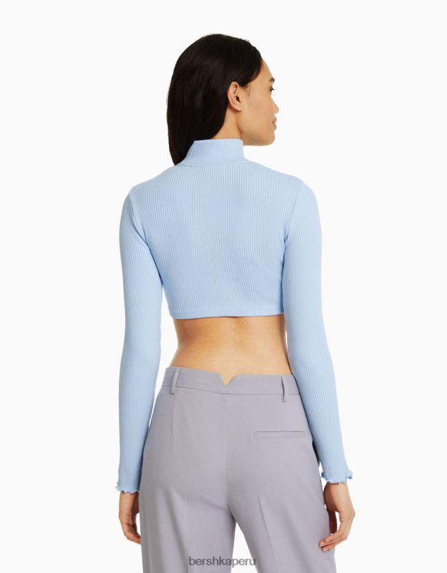 azul claro Bershka mujer cárdigan corto con cuello alto y cremallera 806J6B1032