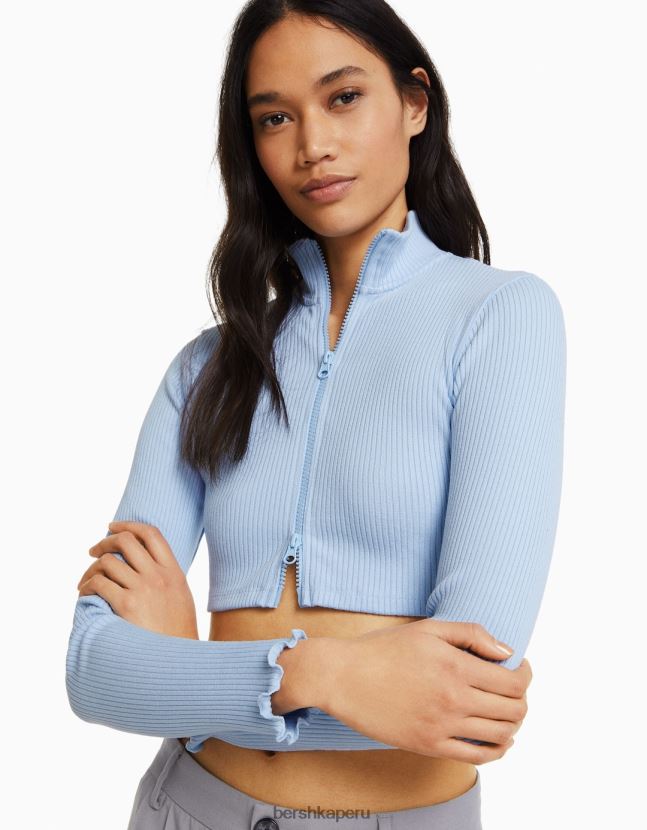 azul claro Bershka mujer cárdigan corto con cuello alto y cremallera 806J6B1032