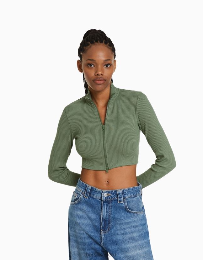 caqui Bershka mujer cárdigan corto con cuello alto y cremallera 806J6B960
