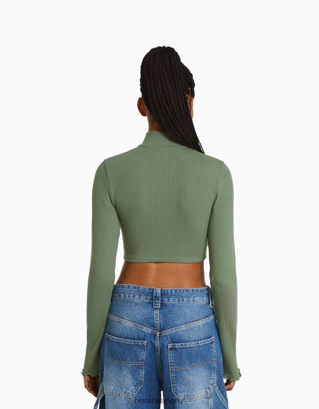 caqui Bershka mujer cárdigan corto con cuello alto y cremallera 806J6B960