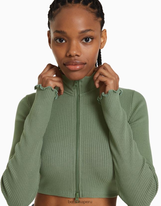 caqui Bershka mujer cárdigan corto con cuello alto y cremallera 806J6B960