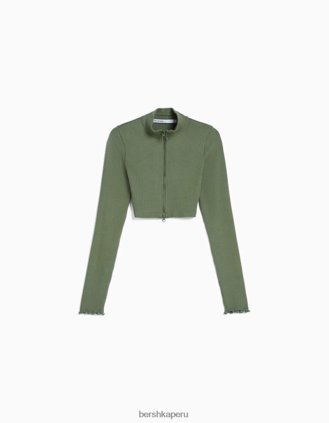 caqui Bershka mujer cárdigan corto con cuello alto y cremallera 806J6B960