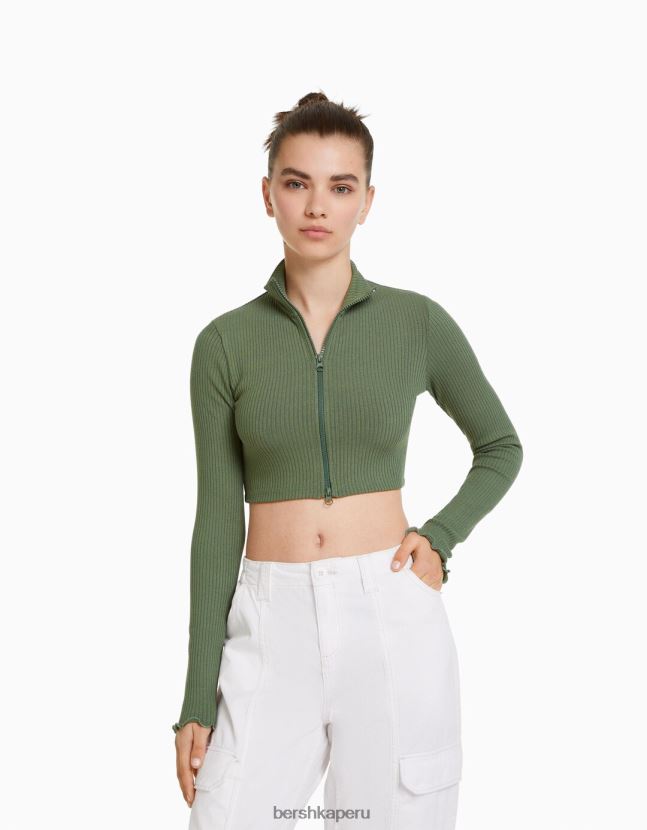 caqui Bershka mujer cárdigan corto con cuello alto y cremallera 806J6B961