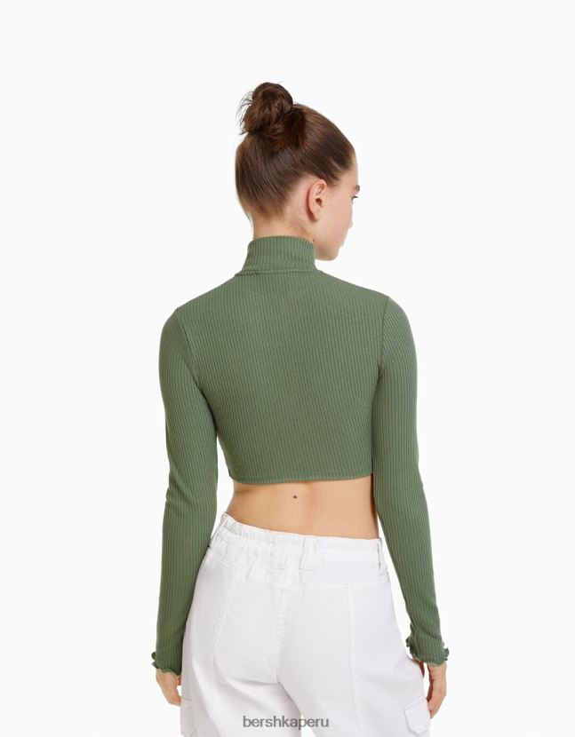 caqui Bershka mujer cárdigan corto con cuello alto y cremallera 806J6B961