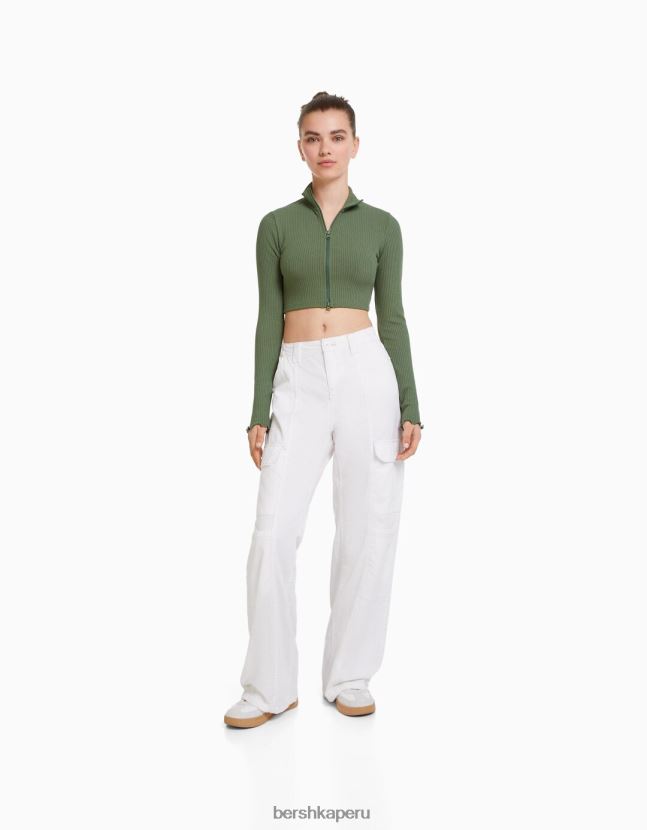 caqui Bershka mujer cárdigan corto con cuello alto y cremallera 806J6B961