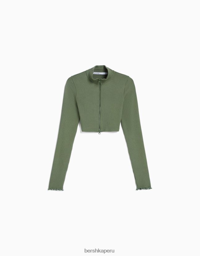 caqui Bershka mujer cárdigan corto con cuello alto y cremallera 806J6B961