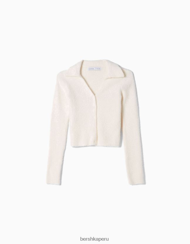 crema Bershka mujer cárdigan con cuello de polo y botones 806J6B1088