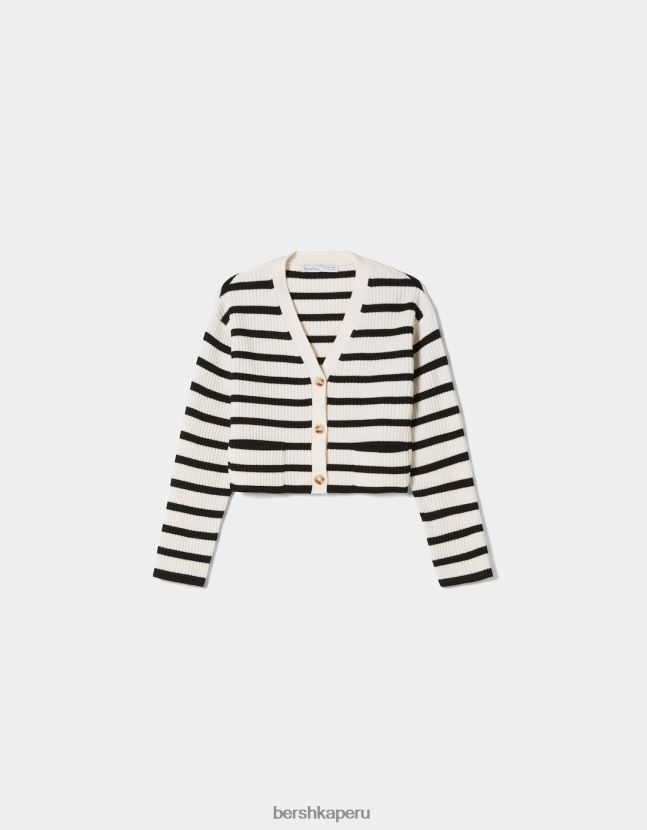 crema Bershka mujer cárdigan de canalé a rayas 806J6B997