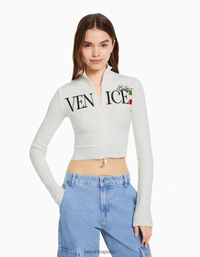 crema Bershka mujer cárdigan de manga larga bordado con cremallera 806J6B1080