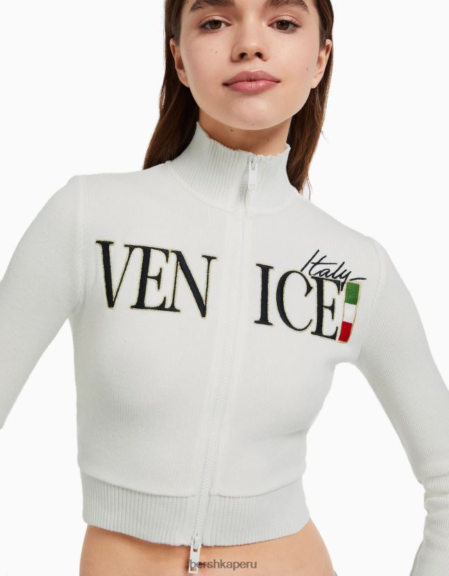 crema Bershka mujer cárdigan de manga larga bordado con cremallera 806J6B1080