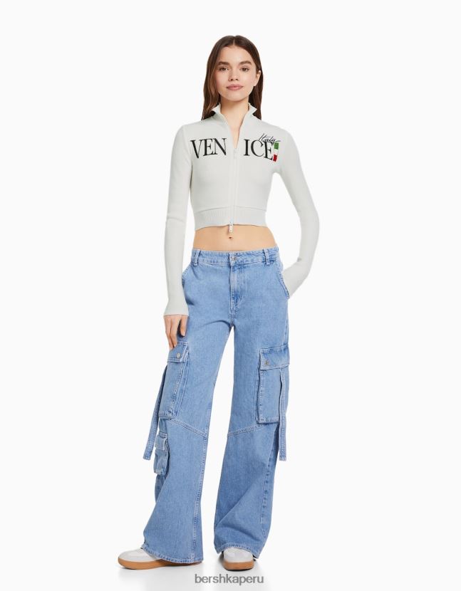 crema Bershka mujer cárdigan de manga larga bordado con cremallera 806J6B1080