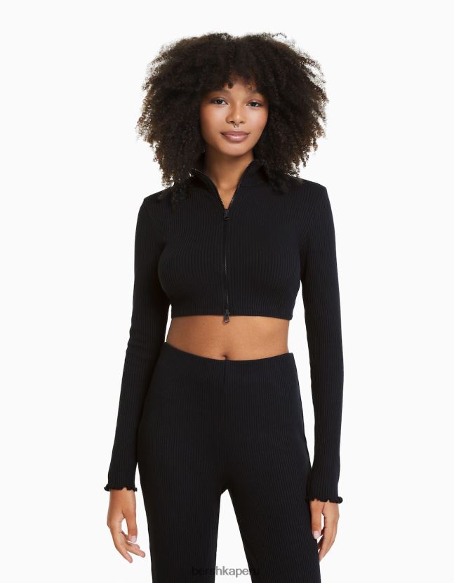 gris oscuro Bershka mujer cárdigan corto con cuello alto y cremallera 806J6B963