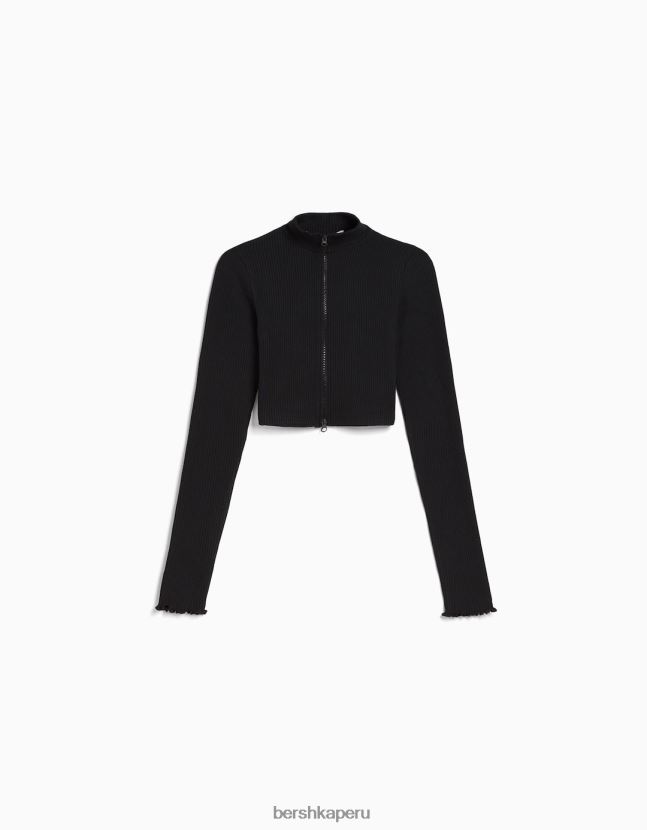 gris oscuro Bershka mujer cárdigan corto con cuello alto y cremallera 806J6B963