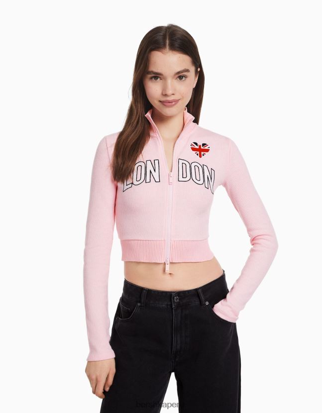 rosa Bershka mujer cárdigan de manga larga bordado con cremallera 806J6B1079