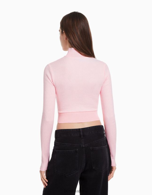 rosa Bershka mujer cárdigan de manga larga bordado con cremallera 806J6B1079