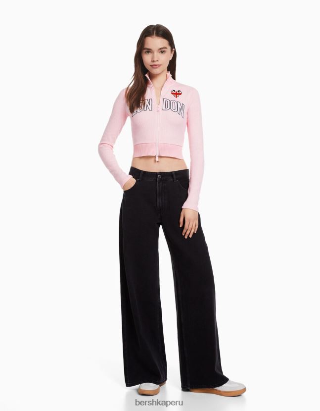 rosa Bershka mujer cárdigan de manga larga bordado con cremallera 806J6B1079