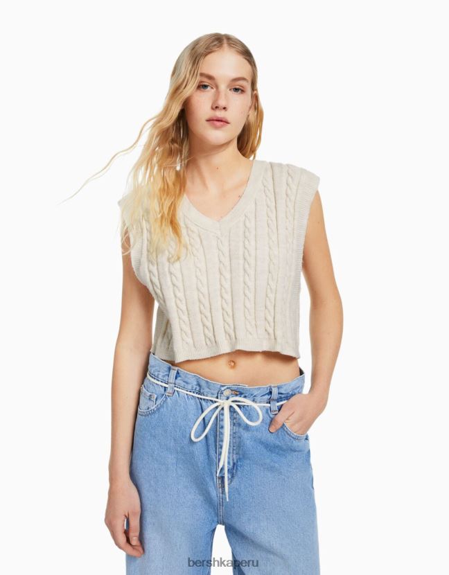 crema Bershka mujer chaleco de punto con cuello en V 806J6B1051