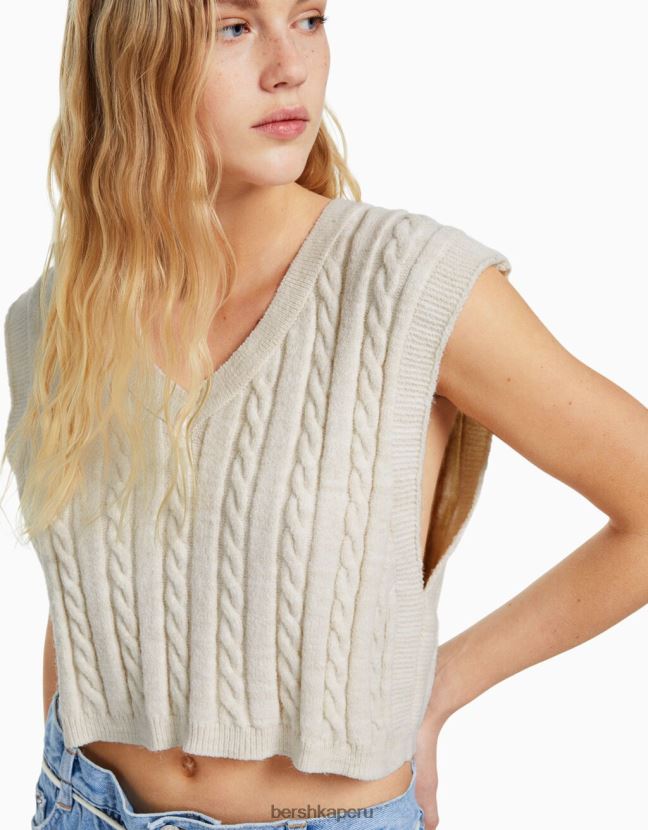 crema Bershka mujer chaleco de punto con cuello en V 806J6B1051