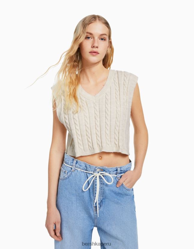 crema Bershka mujer chaleco de punto con cuello en V 806J6B1052