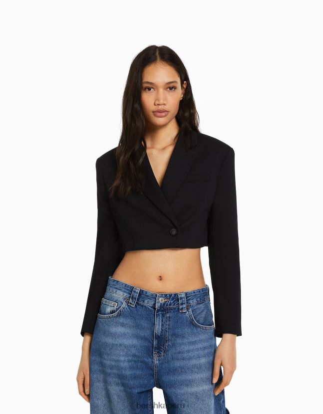 negro Bershka mujer blazer corto de sarga de vestir 806J6B1184
