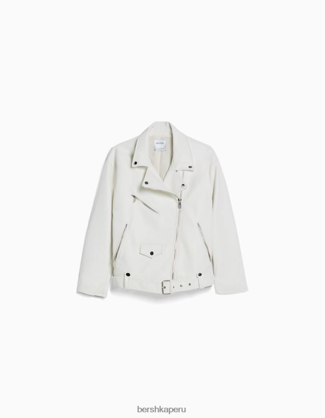 blanquecino Bershka mujer chamarra biker de piel sintética con cinturón 806J6B1132