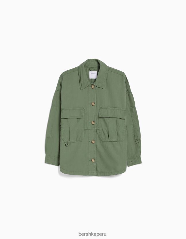 caqui Bershka mujer sobrecamisa de manga larga de algodón con bolsillos 806J6B1125
