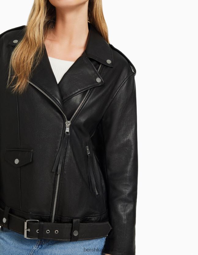 gris Bershka mujer cazadora biker larga de piel con acabado envejecido 806J6B1137