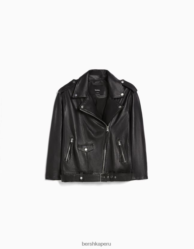 gris Bershka mujer cazadora biker larga de piel con acabado envejecido 806J6B1137