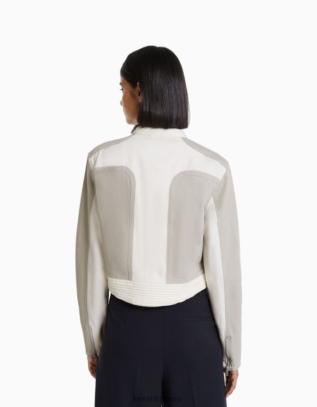 gris Bershka mujer chamarra biker de mezclilla en contraste 806J6B1117
