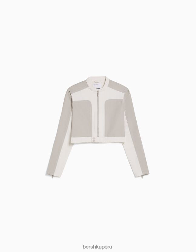 gris Bershka mujer chamarra biker de mezclilla en contraste 806J6B1117
