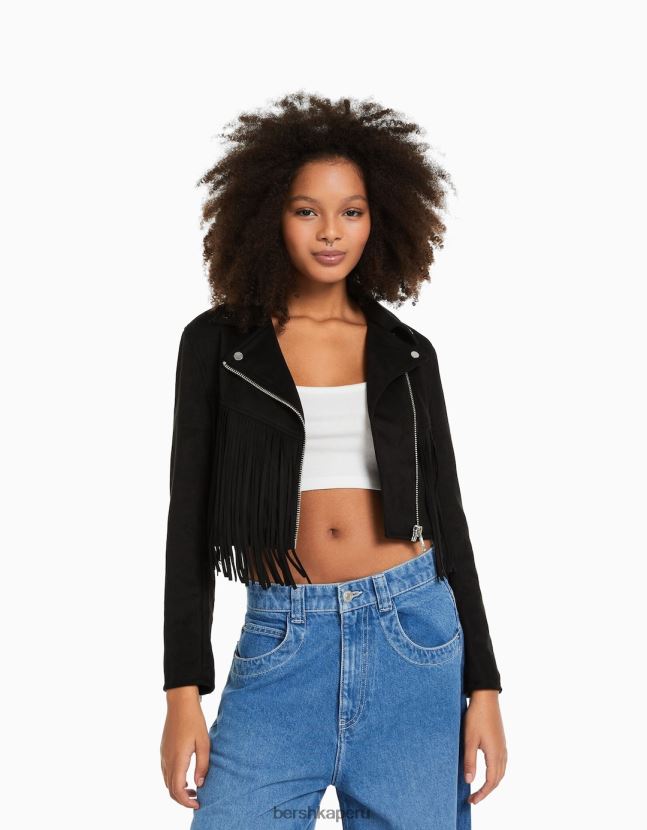 negro Bershka mujer Cazadora biker de antelina con flecos 806J6B1118