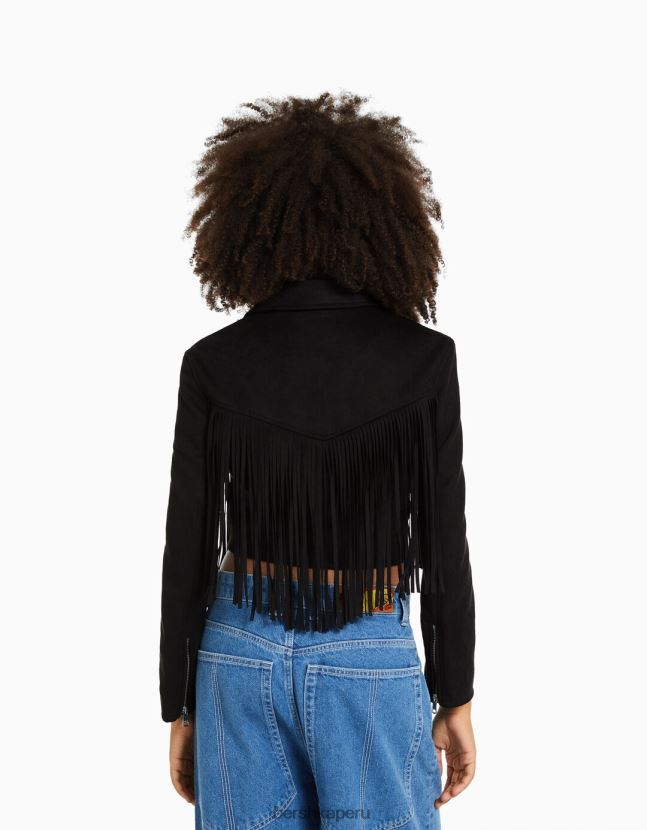 negro Bershka mujer Cazadora biker de antelina con flecos 806J6B1118