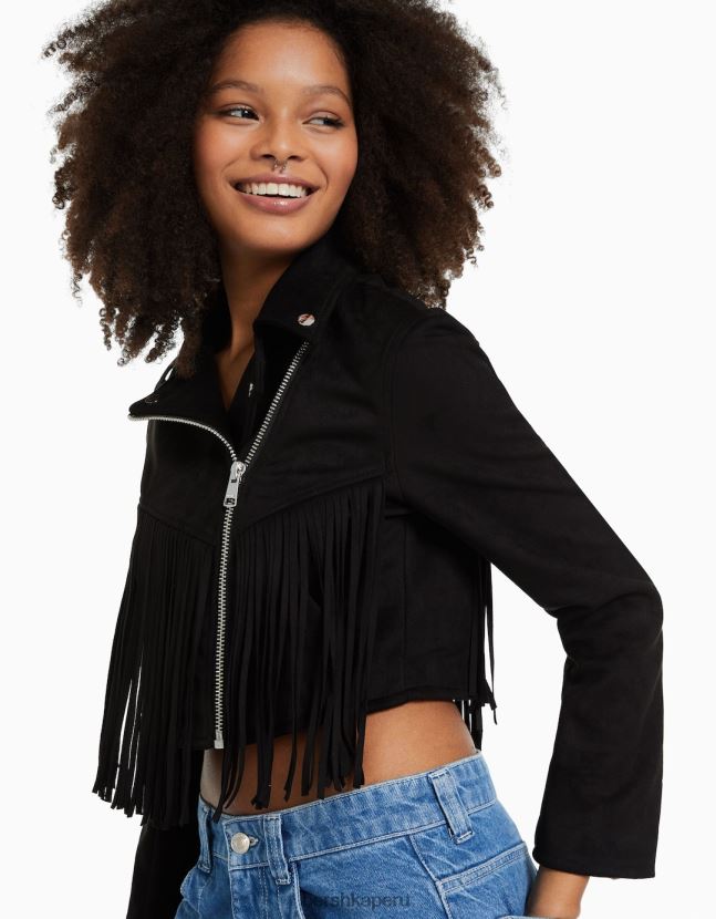 negro Bershka mujer Cazadora biker de antelina con flecos 806J6B1118