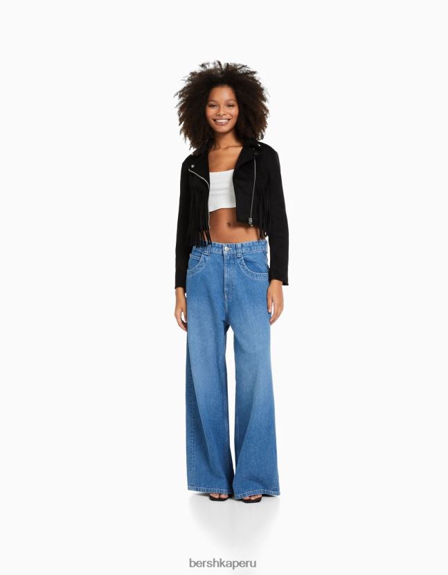 negro Bershka mujer Cazadora biker de antelina con flecos 806J6B1118