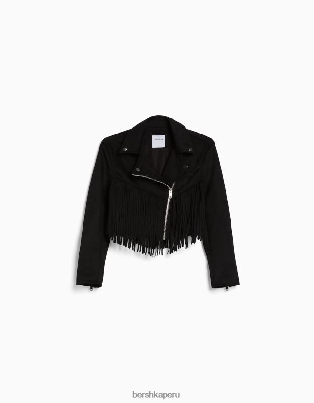 negro Bershka mujer Cazadora biker de antelina con flecos 806J6B1118