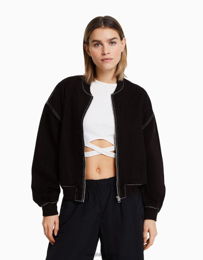 negro Bershka mujer cazadora bomber vaquera con hilo en contraste 806J6B1170