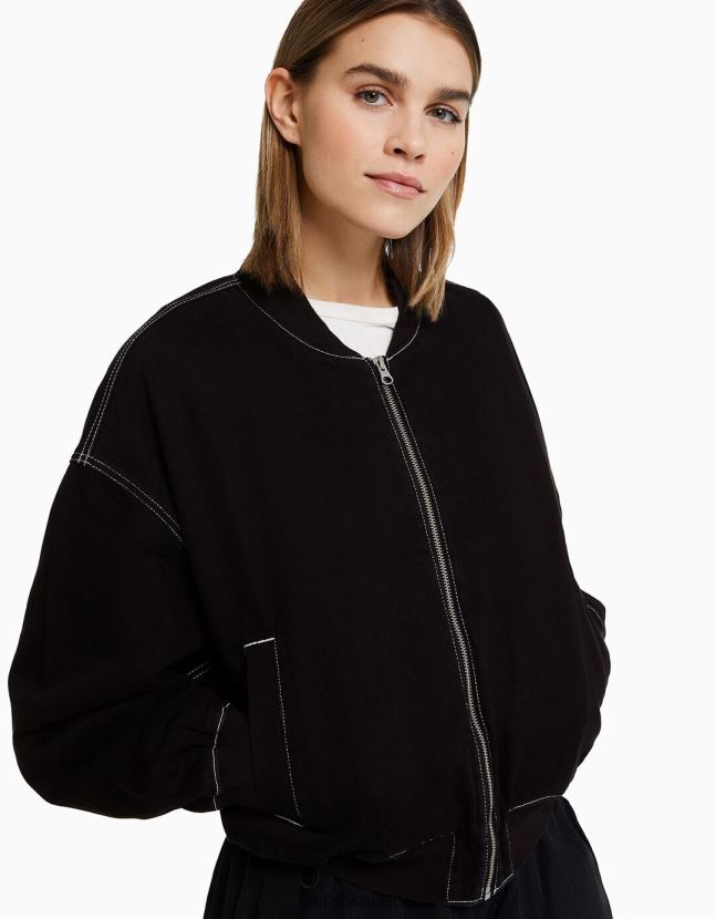 negro Bershka mujer cazadora bomber vaquera con hilo en contraste 806J6B1170