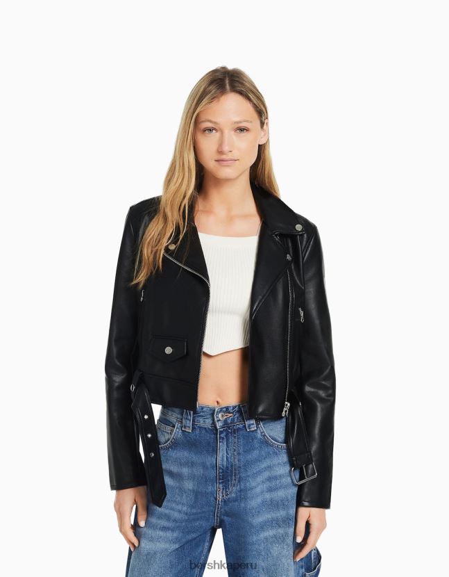 negro Bershka mujer chamarra biker de piel sintética con cinturón 806J6B1095