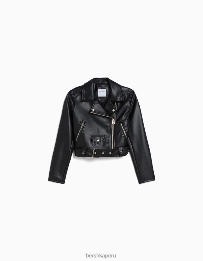 negro Bershka mujer chamarra biker de piel sintética con cinturón 806J6B1095