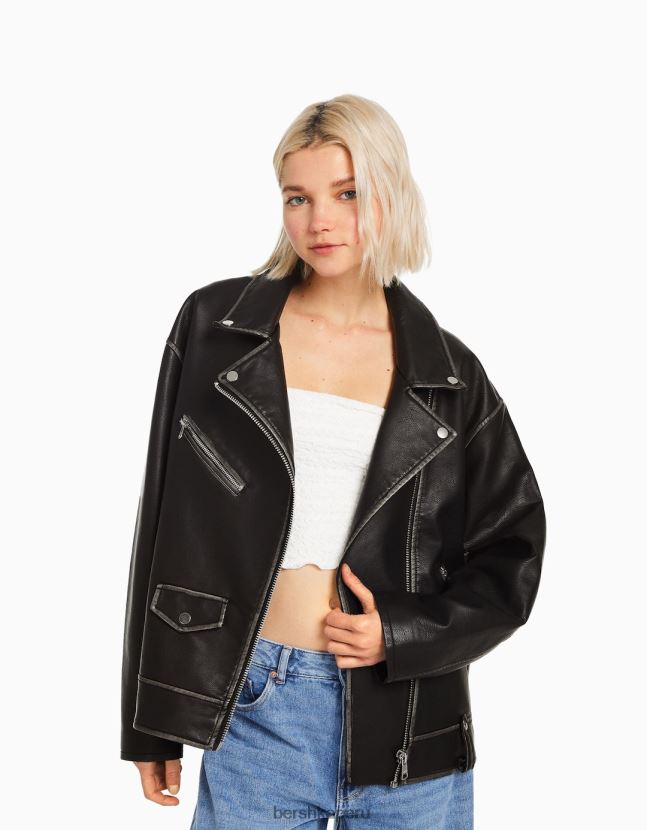 negro Bershka mujer chamarra biker de piel sintética con cinturón 806J6B1131