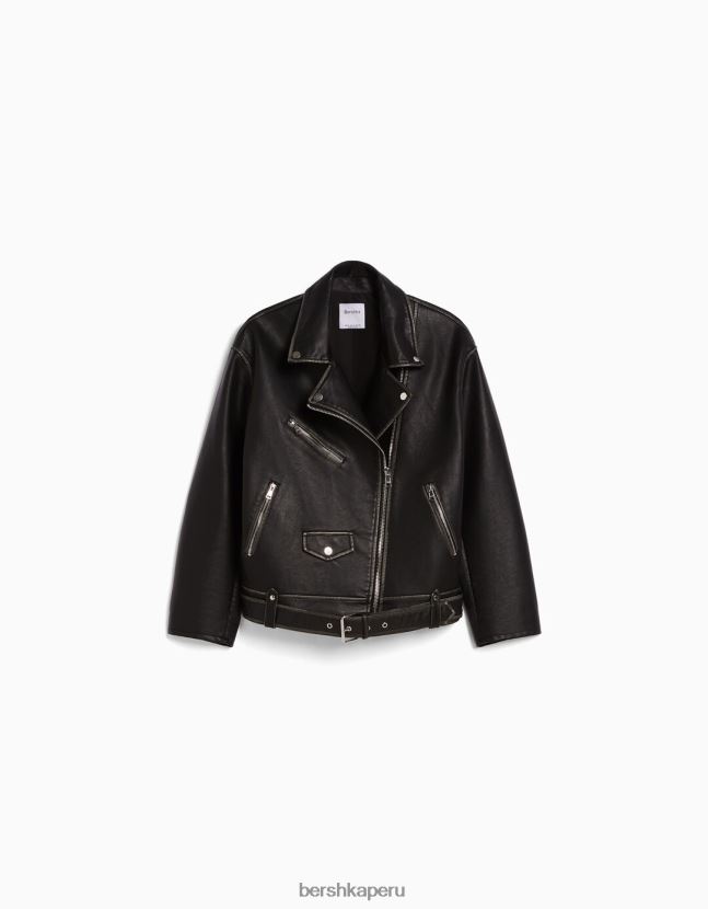 negro Bershka mujer chamarra biker de piel sintética con cinturón 806J6B1131