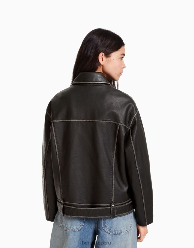 negro Bershka mujer chamarra biker de piel sintética con cinturón 806J6B1133