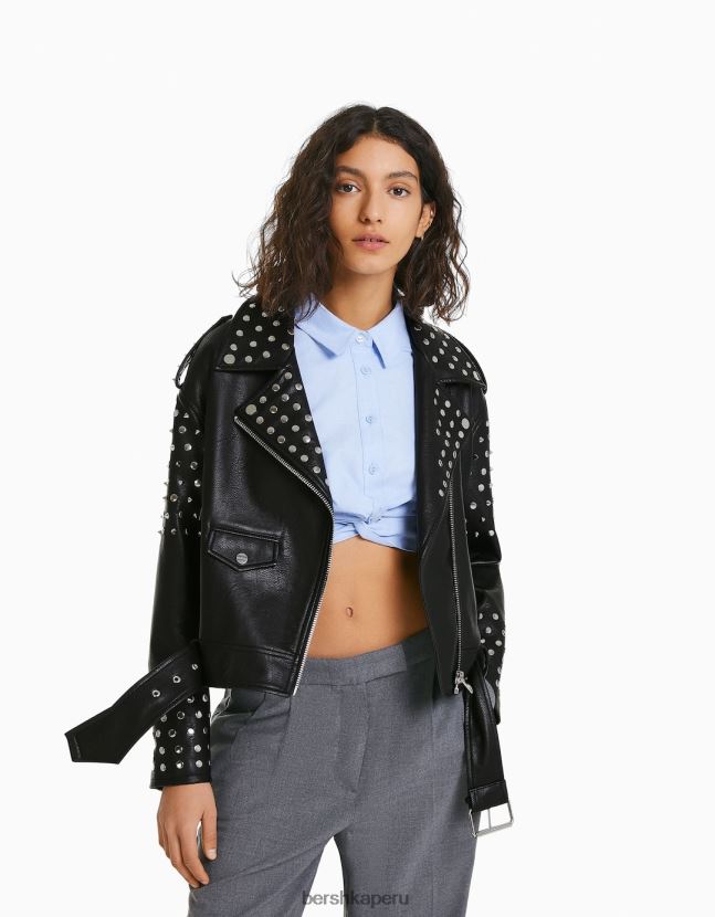 negro Bershka mujer chamarra biker oversize con tachuelas 806J6B1136